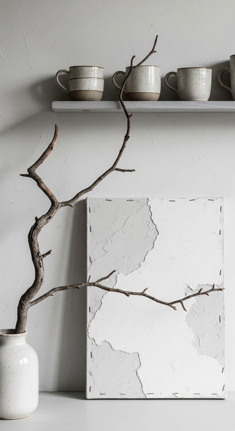 Wabi-sabi textured plaster art on a raw canvas leaning against a gray limewash wall in a serene, minimalist kitchen.