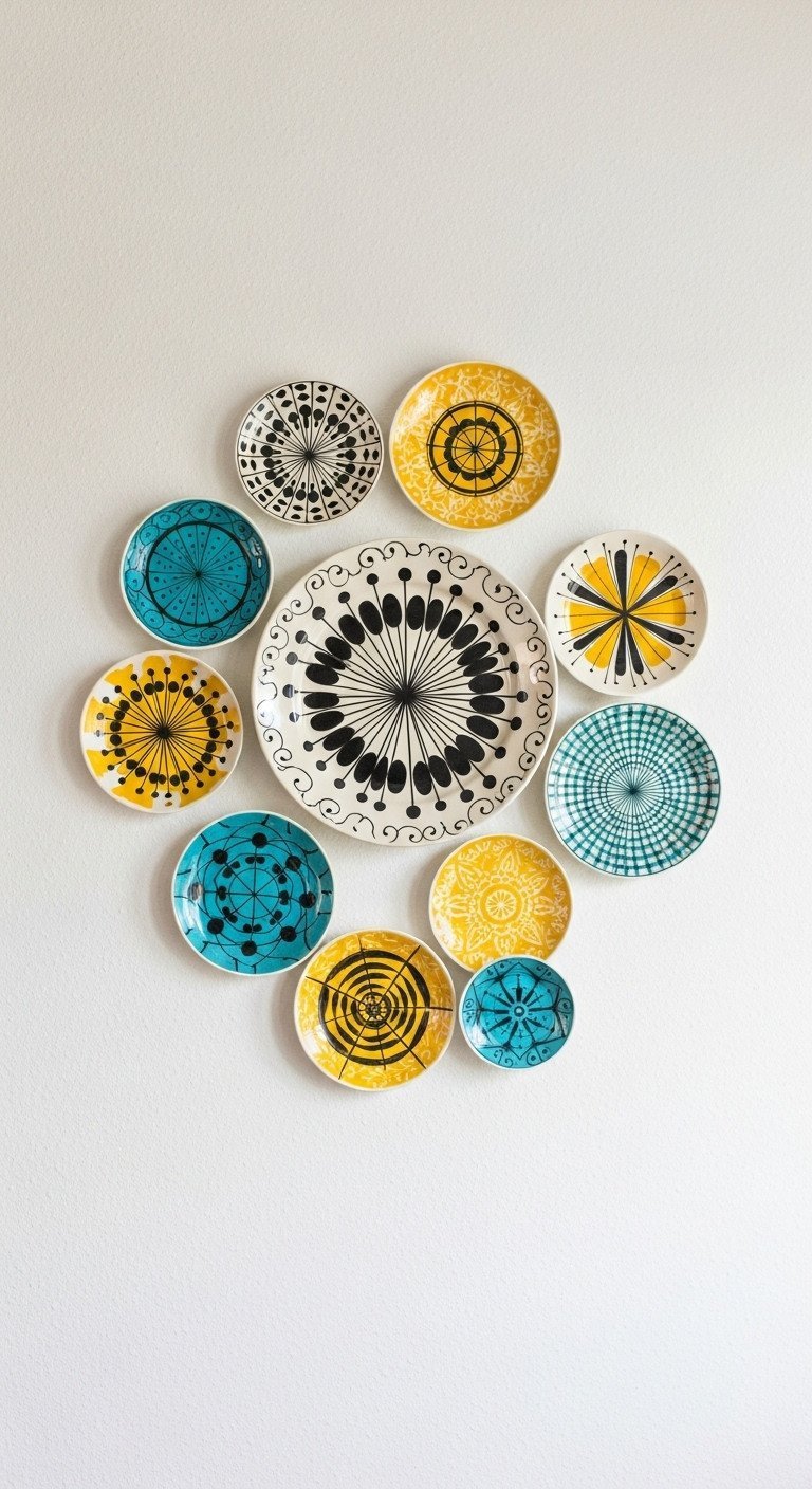 Wall display of vintage ceramic plates with yellow and turquoise atomic-era patterns in a mid-century modern kitchen setting.