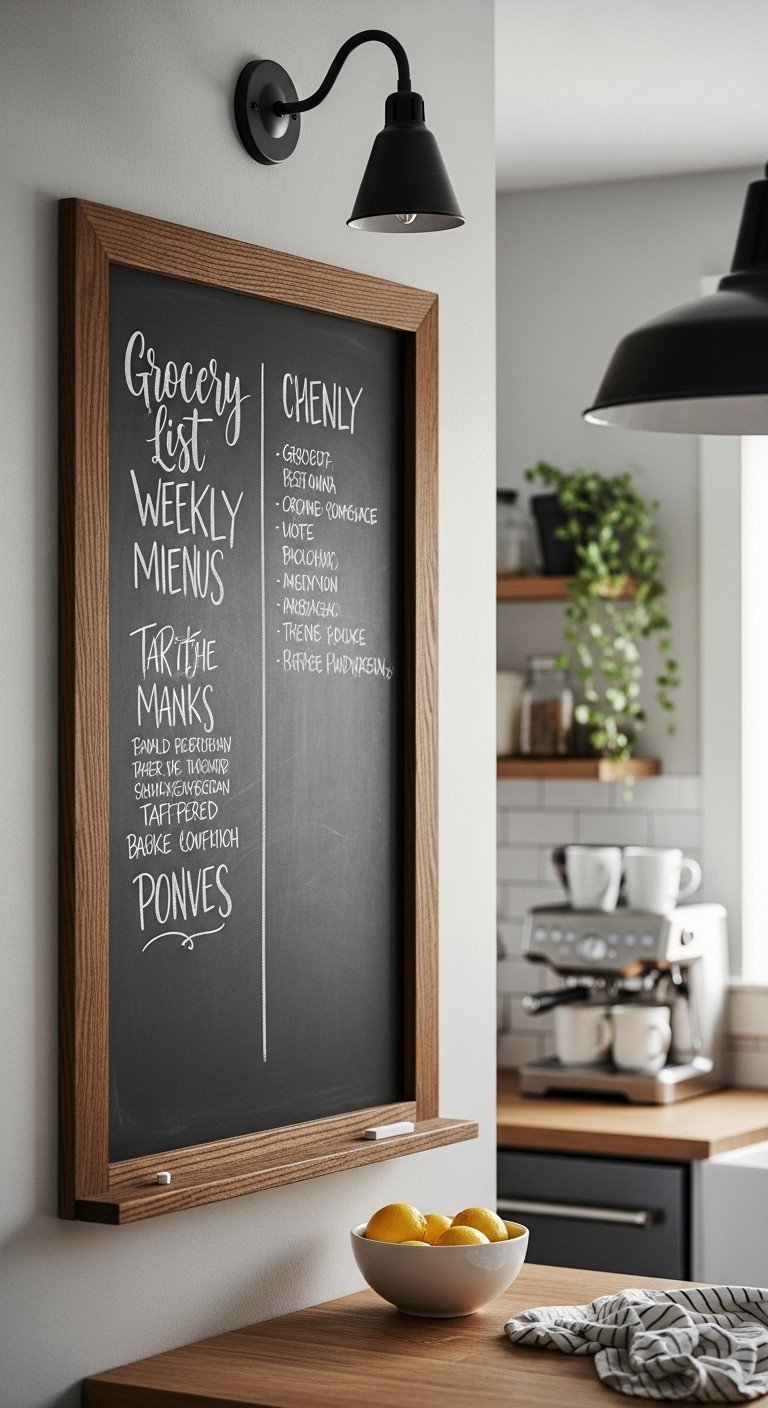 Wall-mounted chalkboard with a rustic wood frame and a hand-lettered menu hanging on a grey wall in a cozy kitchen.