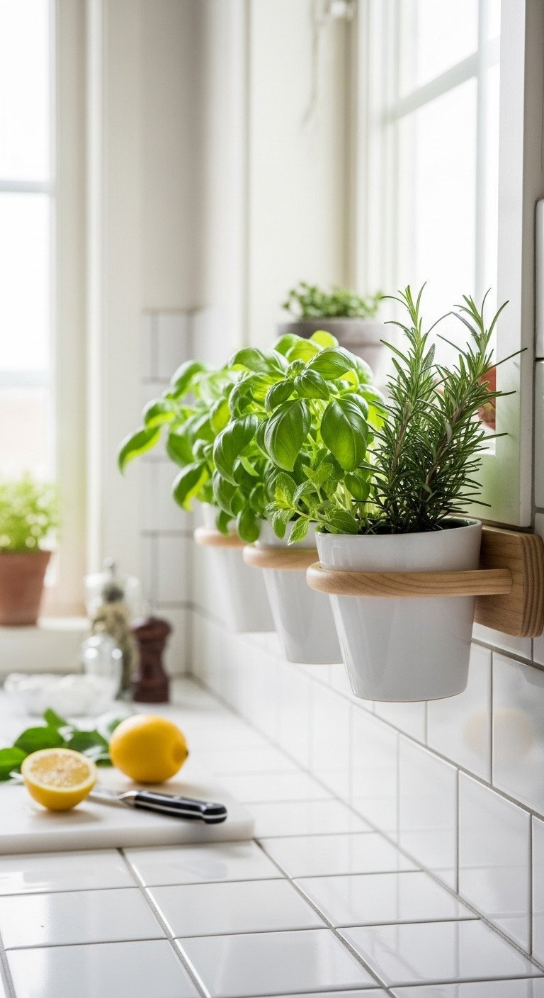Wall-mounted herb garden with basil, mint, and rosemary in white ceramic pots on a bright Scandinavian kitchen subway tile wall.