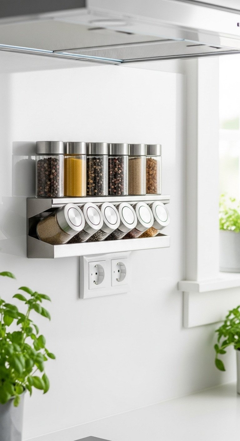11 Genius Ways To Hide Kitchen Outlets With Flawless Decor 18 Wall-mounted magnetic strip with stainless steel spice jars strategically hides a kitchen wall outlet, organized space.