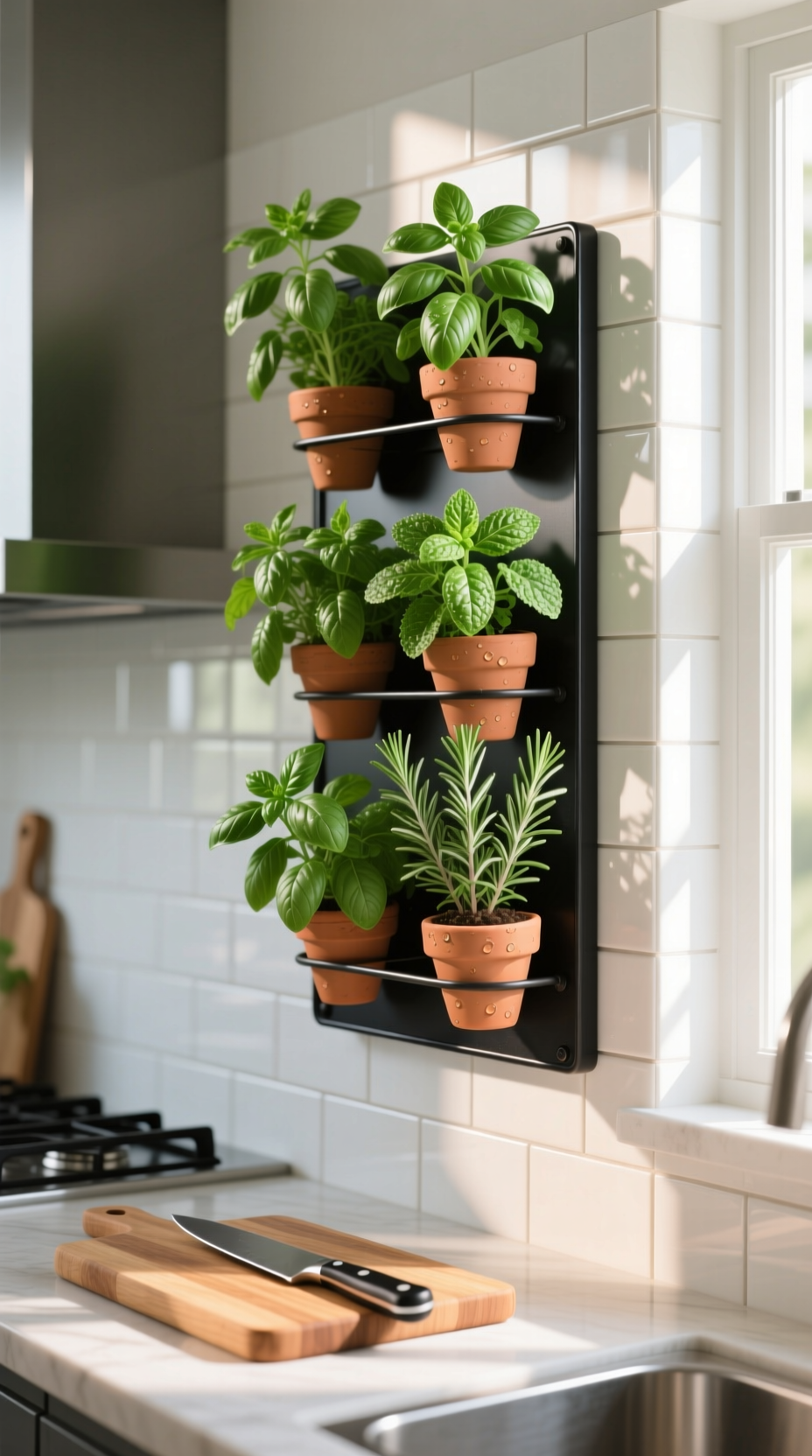 Wall-mounted vertical herb garden in a black frame with terracotta pots of fresh herbs on a modern kitchen's tiled wall.
