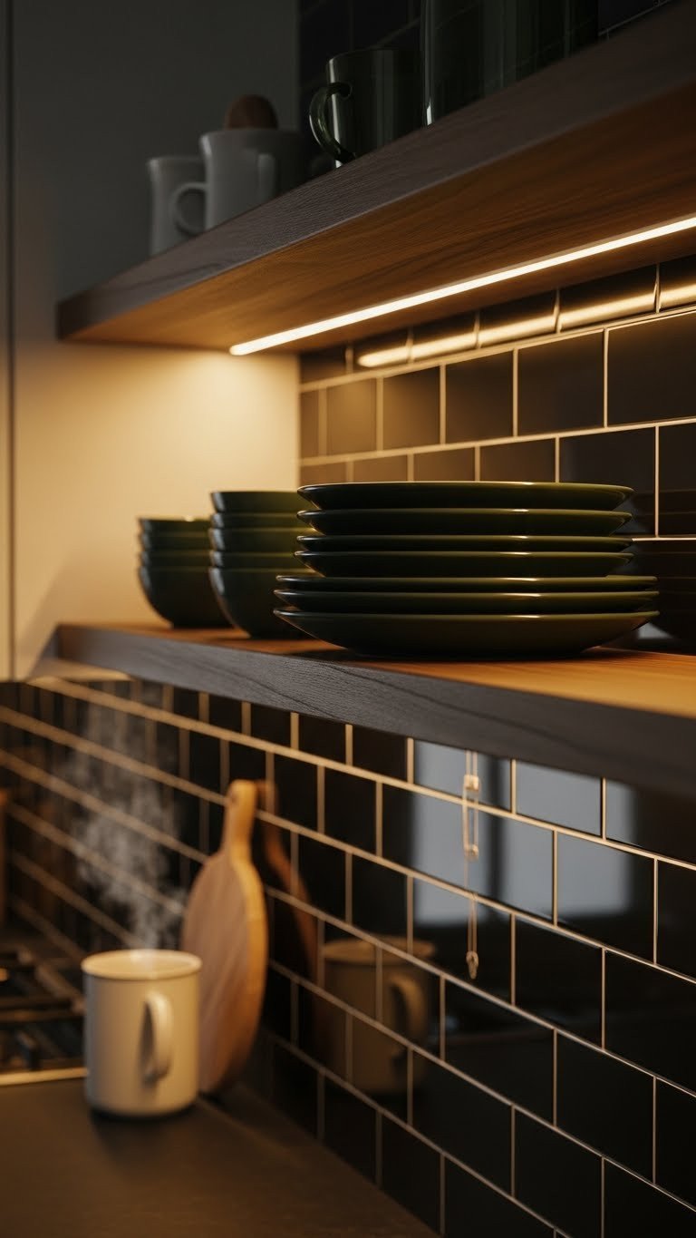 Moody Kitchen Open Shelving: 9 Genius Styling Ideas 3 Warm LED strip lighting under dark wood floating shelves, illuminating dark green plates against a black subway tile backsplash. Cozy kitchen.