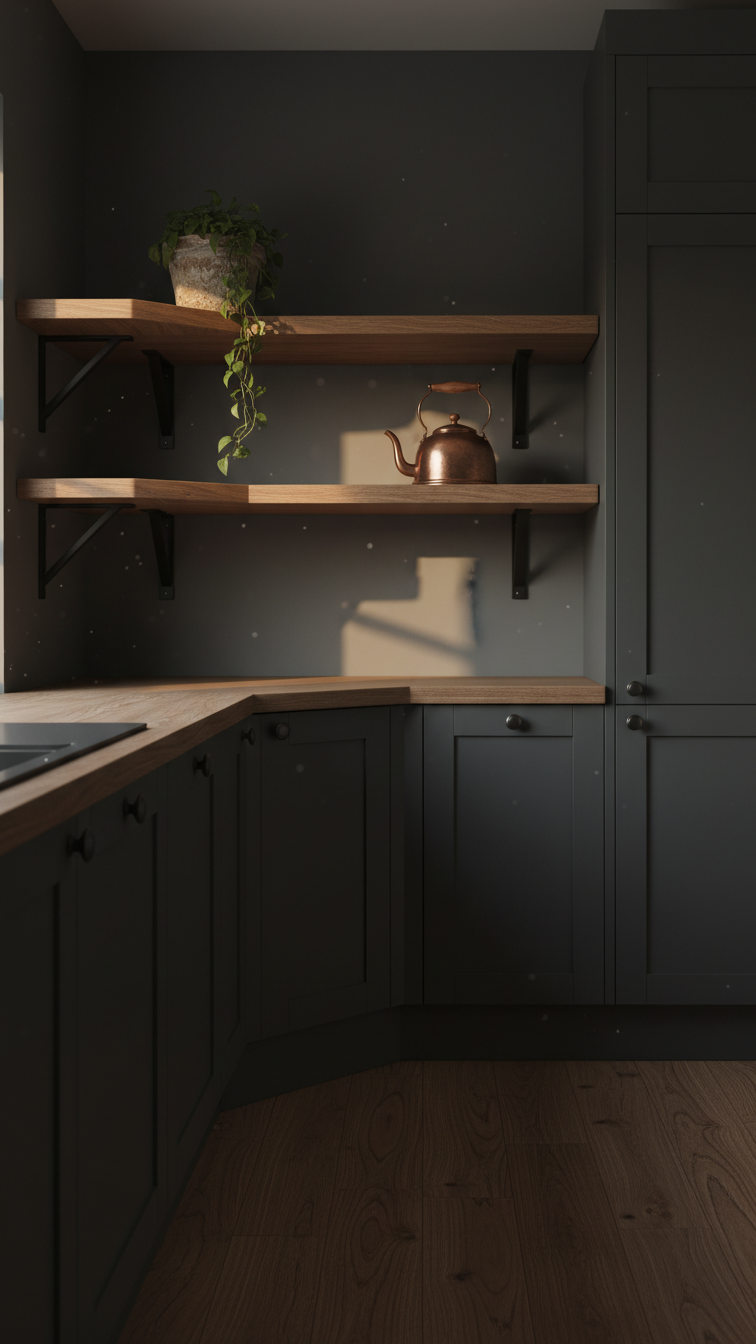 Warm U-shaped kitchen with dark cabinets, medium wood floor, open natural wood shelving, and copper accents.