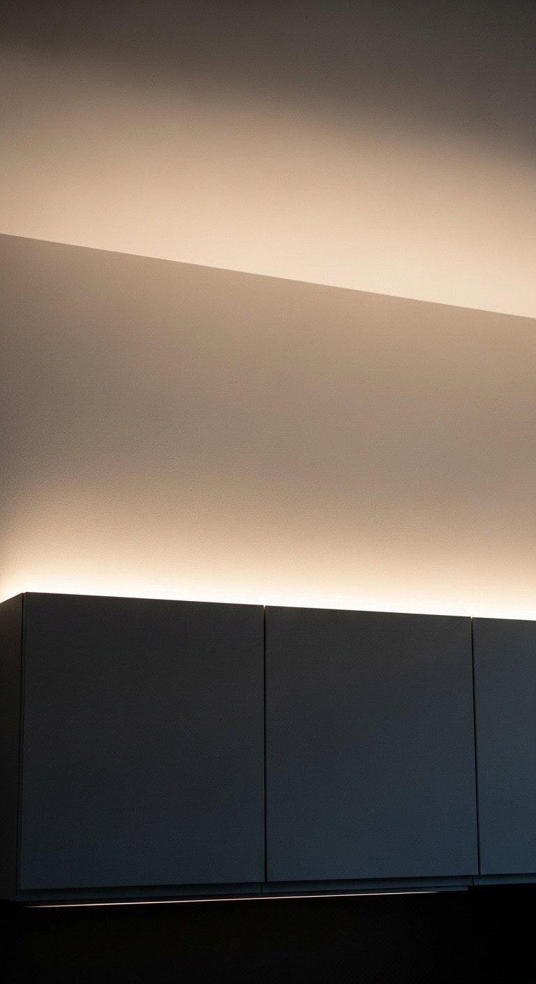 Warm ambient glow from hidden LED strip lights installed above dark gray flat-panel cabinets in a sleek, contemporary kitchen.