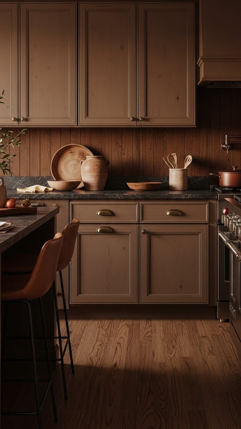 Warm brown kitchen cabinets, antique bronze hardware, dark wood flooring. Cozy, earthy kitchen design with leather stools and pottery.