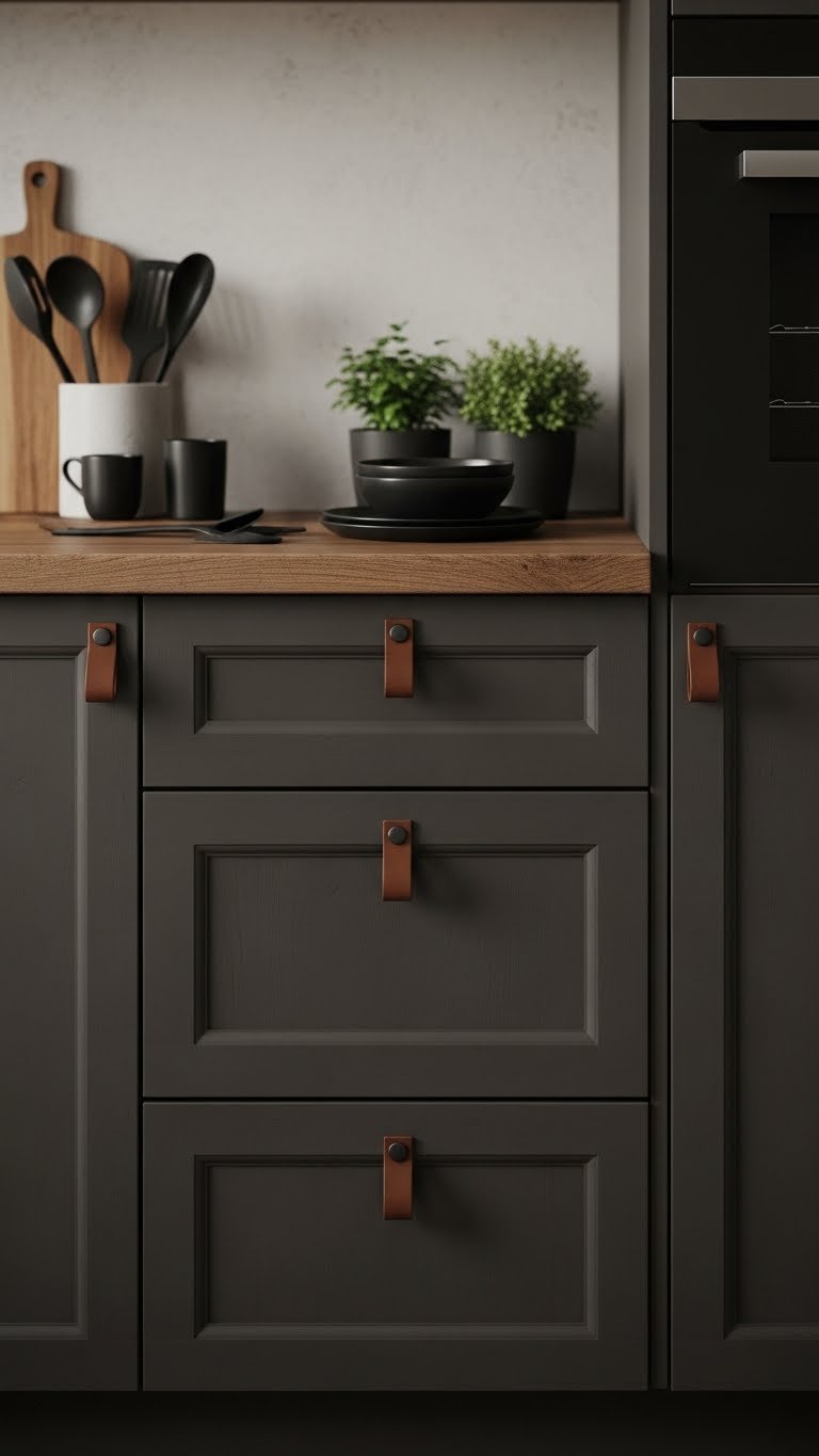 Warm charcoal gray kitchen cabinets with black leather pulls, wooden countertops, and natural accents create cozy atmosphere.