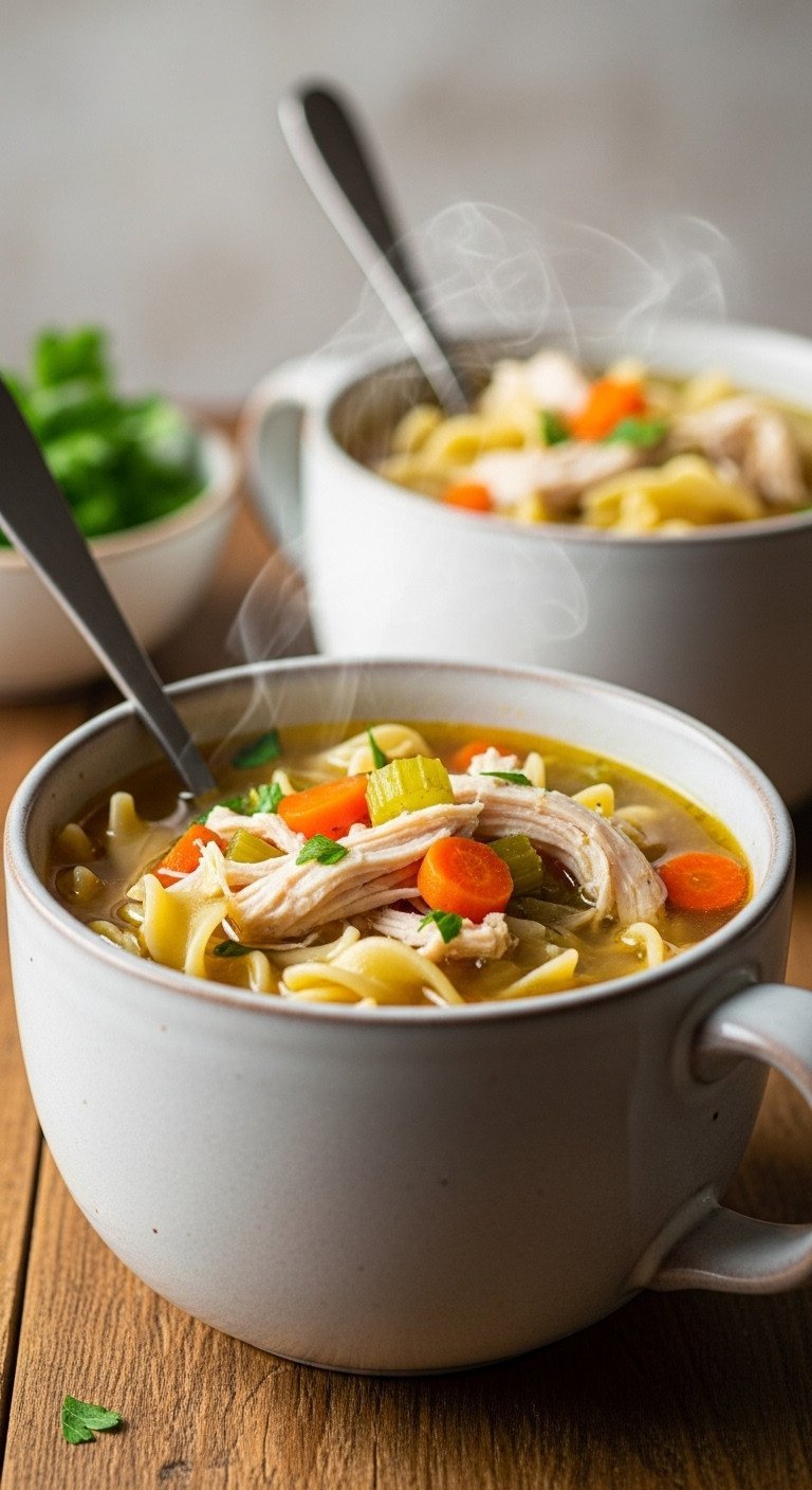 Master 7 Delicious Soup Recipes In Under An Hour 5 Warm classic chicken noodle soup with noodles, chicken, and mirepoix in a rustic ceramic mug on wood, garnished with parsley.
