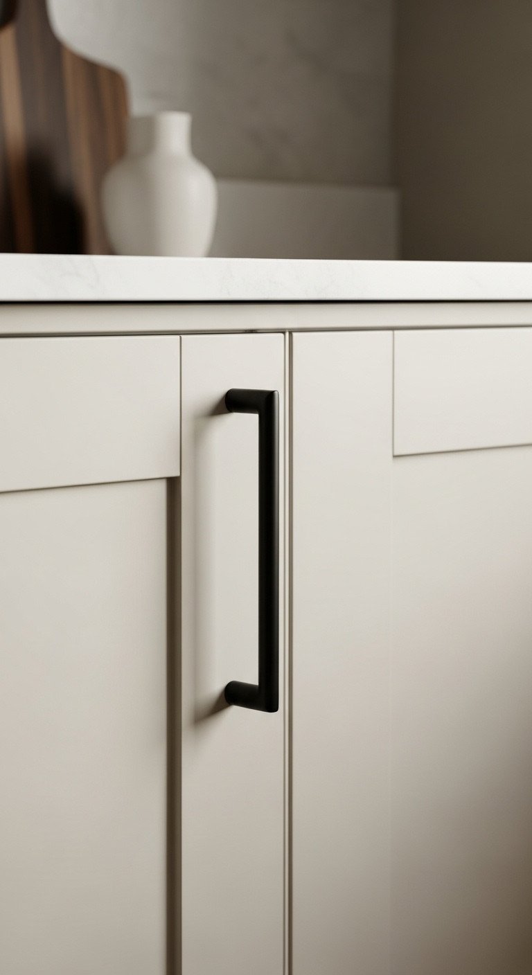Warm cream Shaker cabinet door with a sleek matte black pull, illuminated by soft natural window light, showcasing modern kitchen hardware.