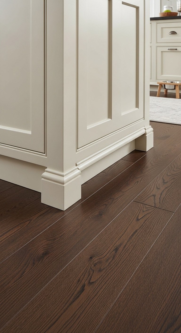 Warm cream base cabinets contrasted against rich dark walnut wood flooring, creating a strong visual impact with dramatic daylight.