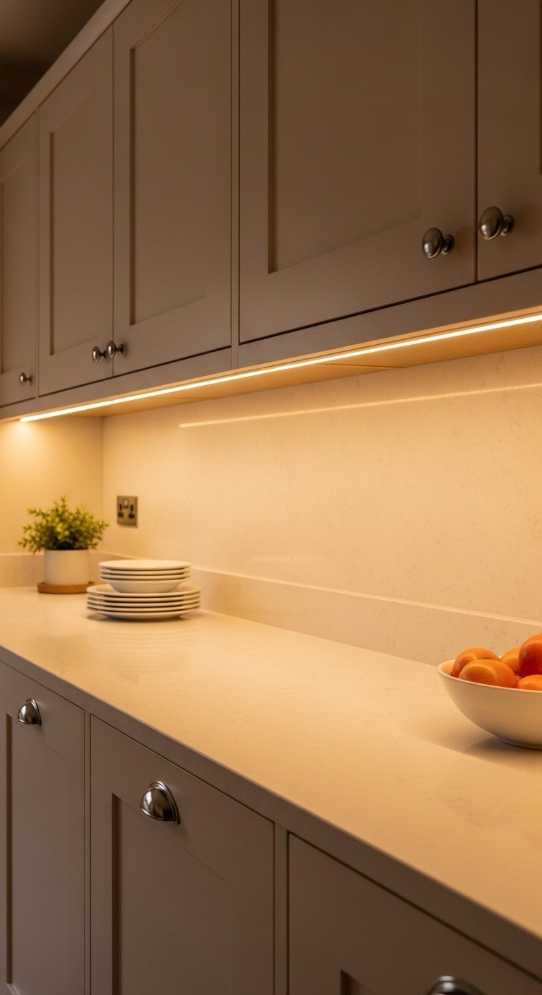 Warm cream upper cabinets with hidden 3000K LED strip lighting, illuminating backsplash and dark quartz countertop, creating a cozy ambiance.