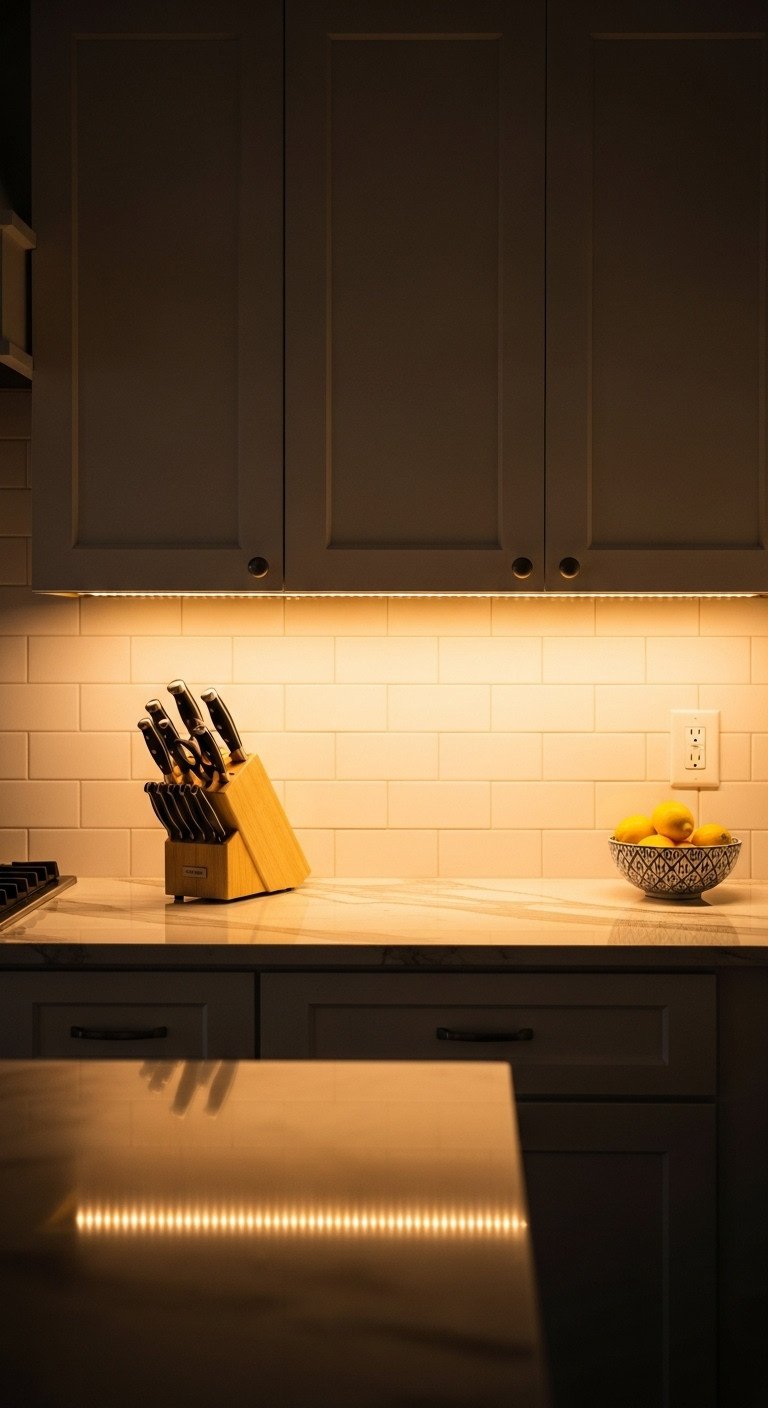 Warm glow from LED strip lights installed under white kitchen cabinets, illuminating a marble countertop with a knife block.
