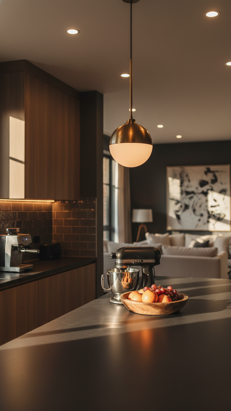 Warm, inviting kitchen with under-cabinet strip lighting, recessed lights, and a brass pendant over a dark island.