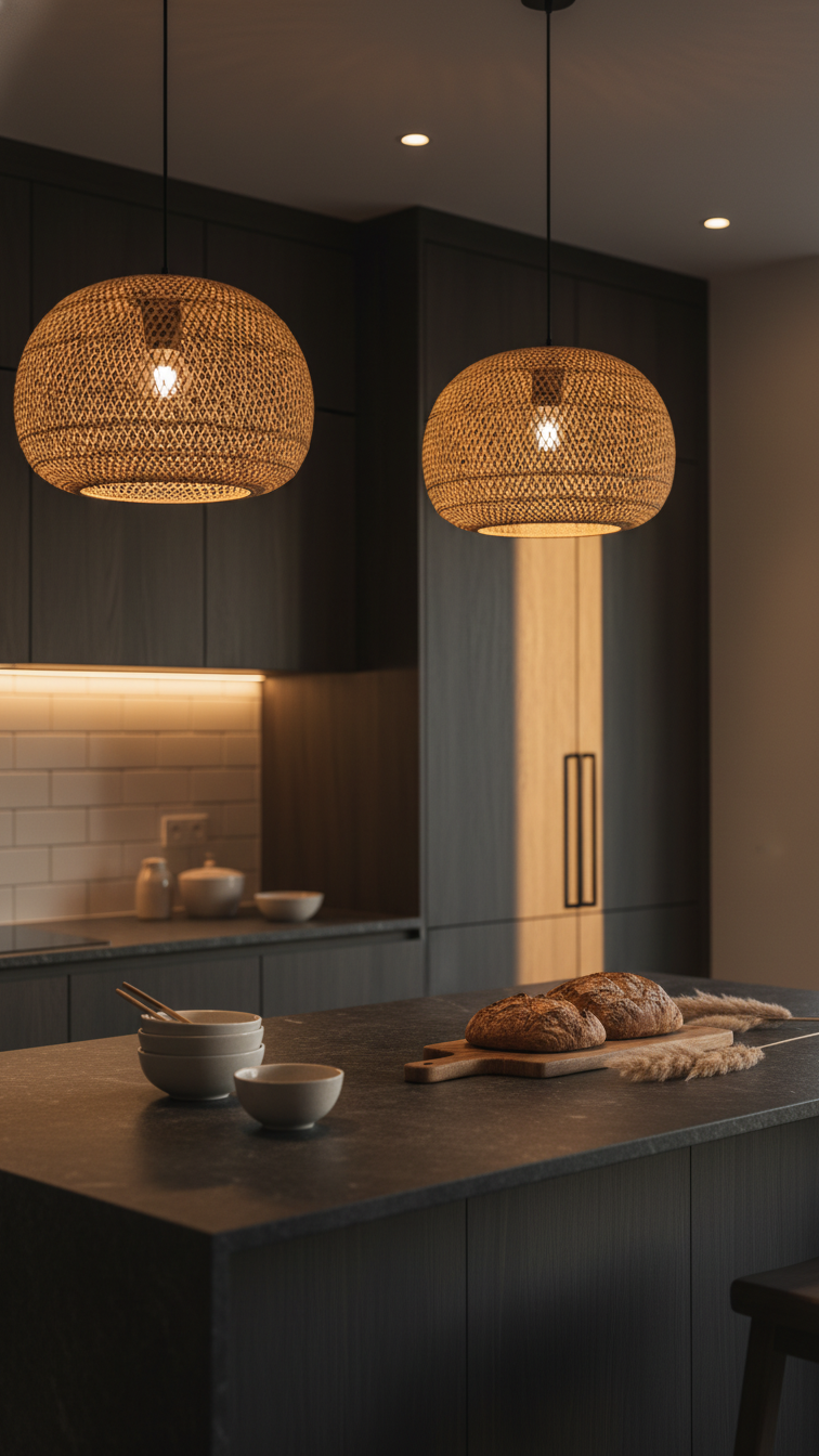 Warm layered lighting with under-cabinet strips and pendant lights over an island creating a cozy Japandi kitchen ambiance.