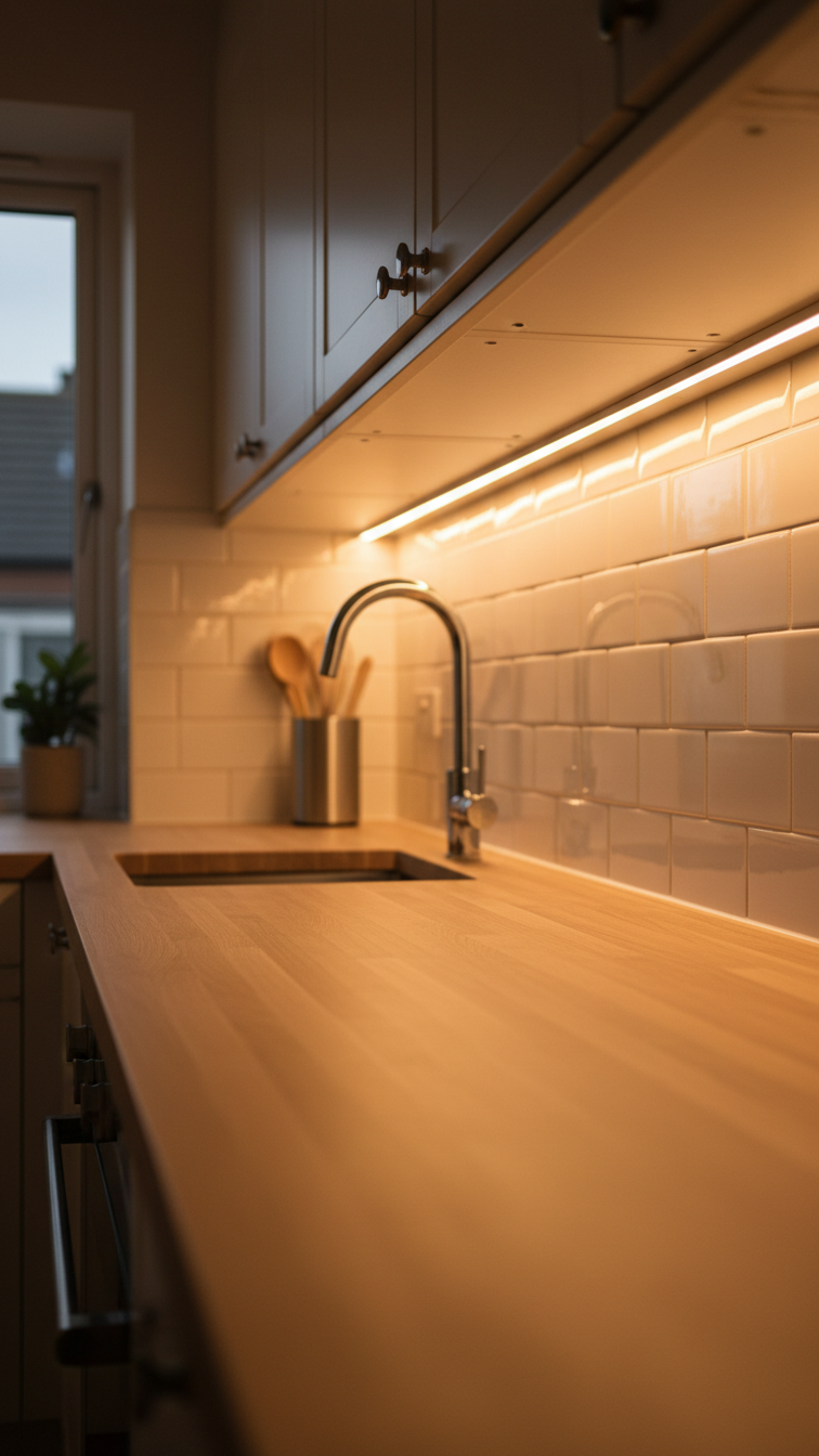 Warm modern small kitchen with under-cabinet LED strip lighting illuminating a minimalist countertop and subway tile backsplash.
