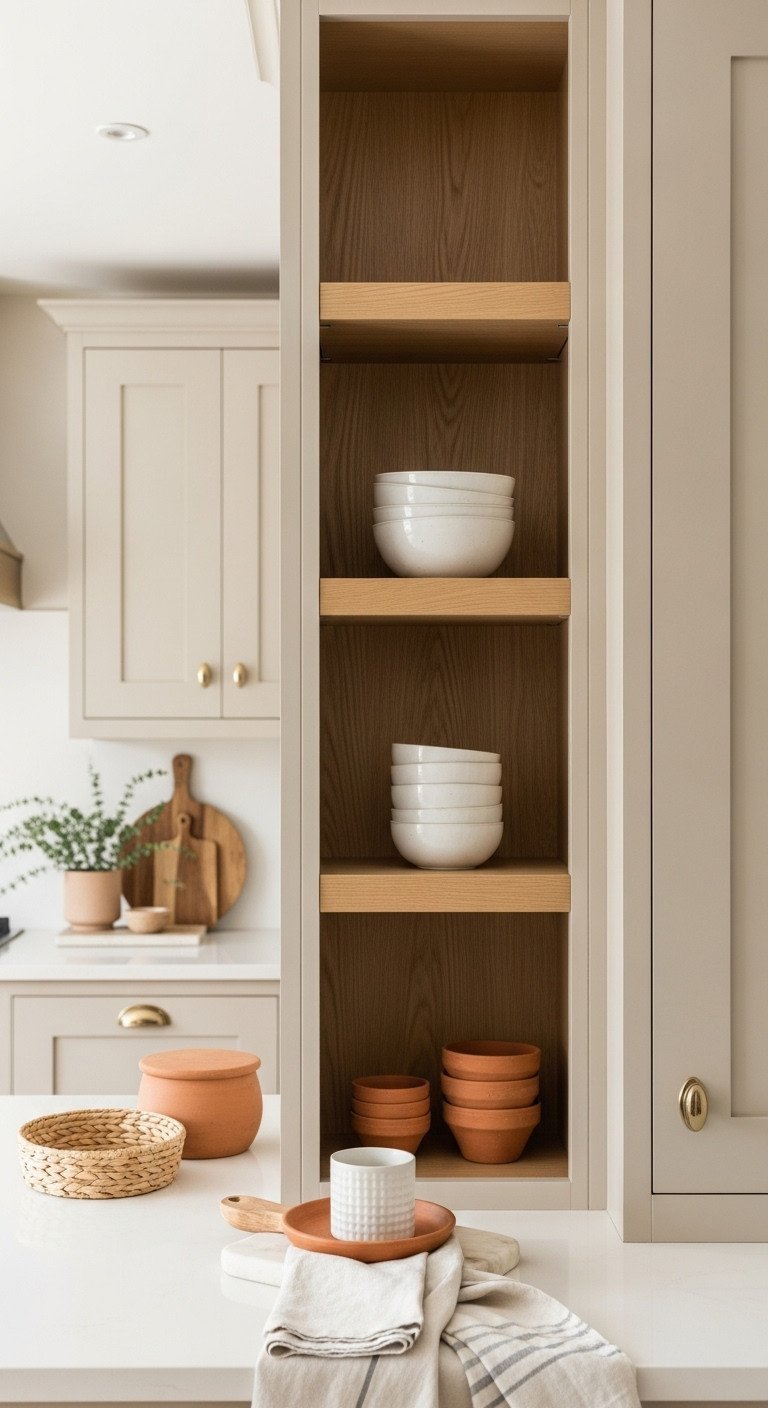 Warm taupe Shaker kitchen cabinets with white oak open shelves, creamy countertops, terracotta pots, and woven baskets.