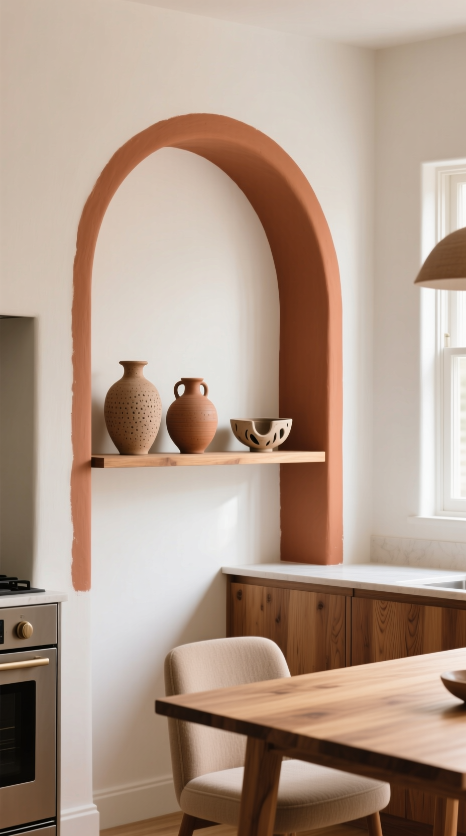 13 Genius Boho Kitchen Wall Decor Ideas You Can Style 23 Warm terracotta painted arch accent wall creating a backdrop for a floating shelf with ceramics in a modern boho kitchen.