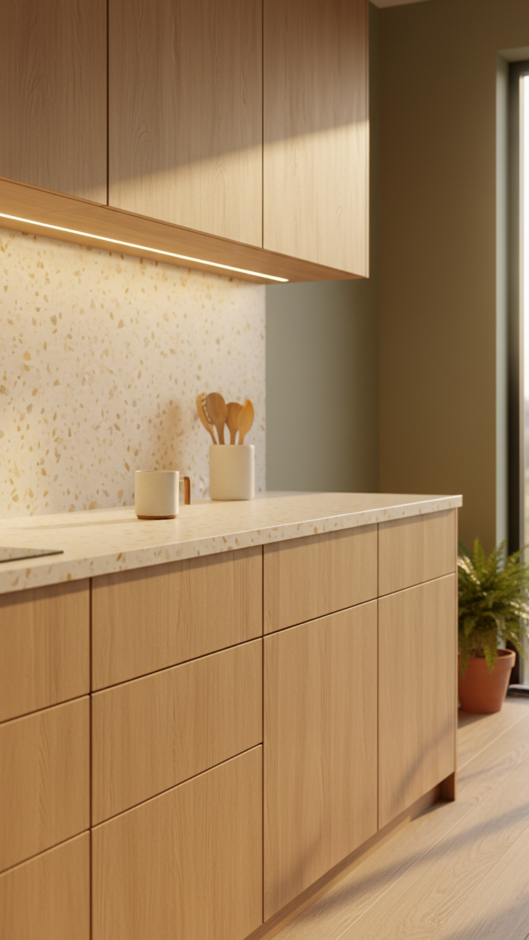 Warm-toned creamy beige terrazzo paired with natural wood kitchen cabinets, mid-century modern aesthetic, golden hour light.