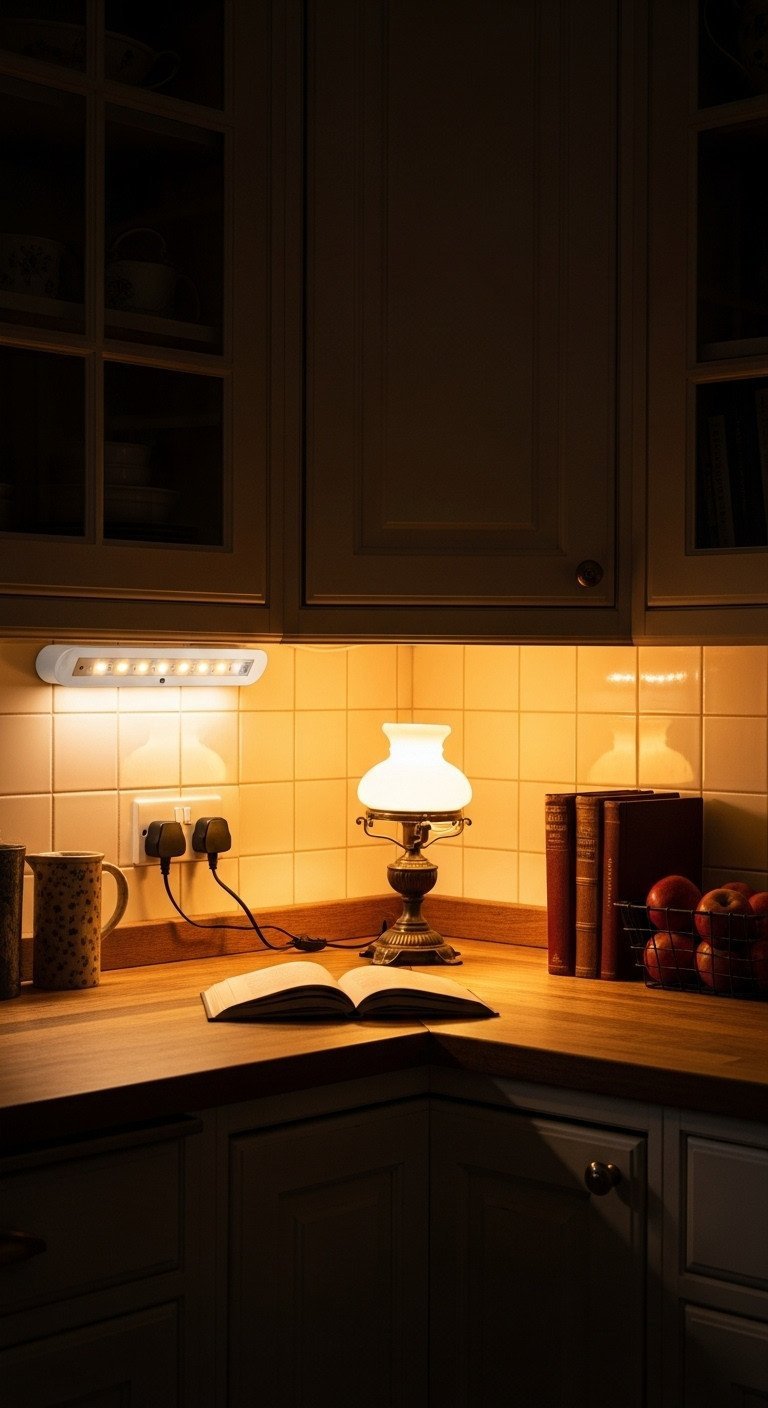 7 Genius Ways To Decorate Your Old Kitchen On A Budget 13 Warm under-cabinet LED light and antique table lamp illuminate a dark wood kitchen countertop, creating a cozy ambiance.