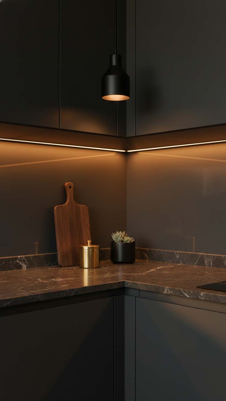 Warm under-cabinet LED lighting and matte black pendant light in a dark kitchen with marble countertop and accessories.