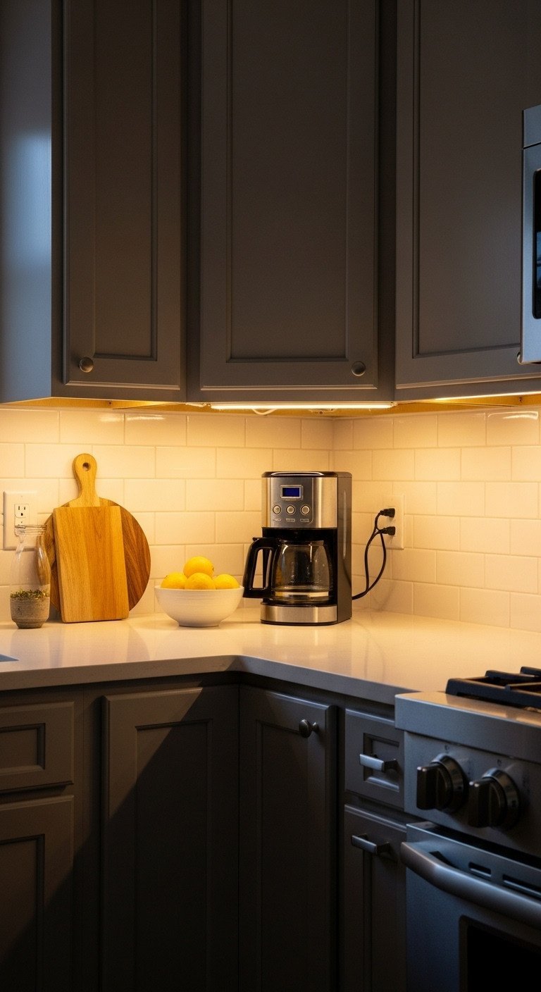 11 Genius Small Kitchen Decor Ideas To Maximize Your Space 3 Warm under-cabinet LED lighting glows on a white quartz countertop in a modern kitchen with gray shaker cabinets at dusk.