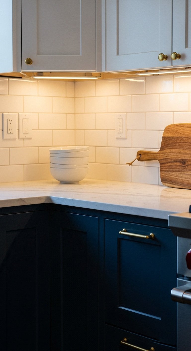 13 Decor Secrets To Make Your Dark Kitchen Feel Brighter 5 Warm under-cabinet LED strip lights illuminate a white marble countertop and a glossy white subway tile backsplash in a navy kitchen.