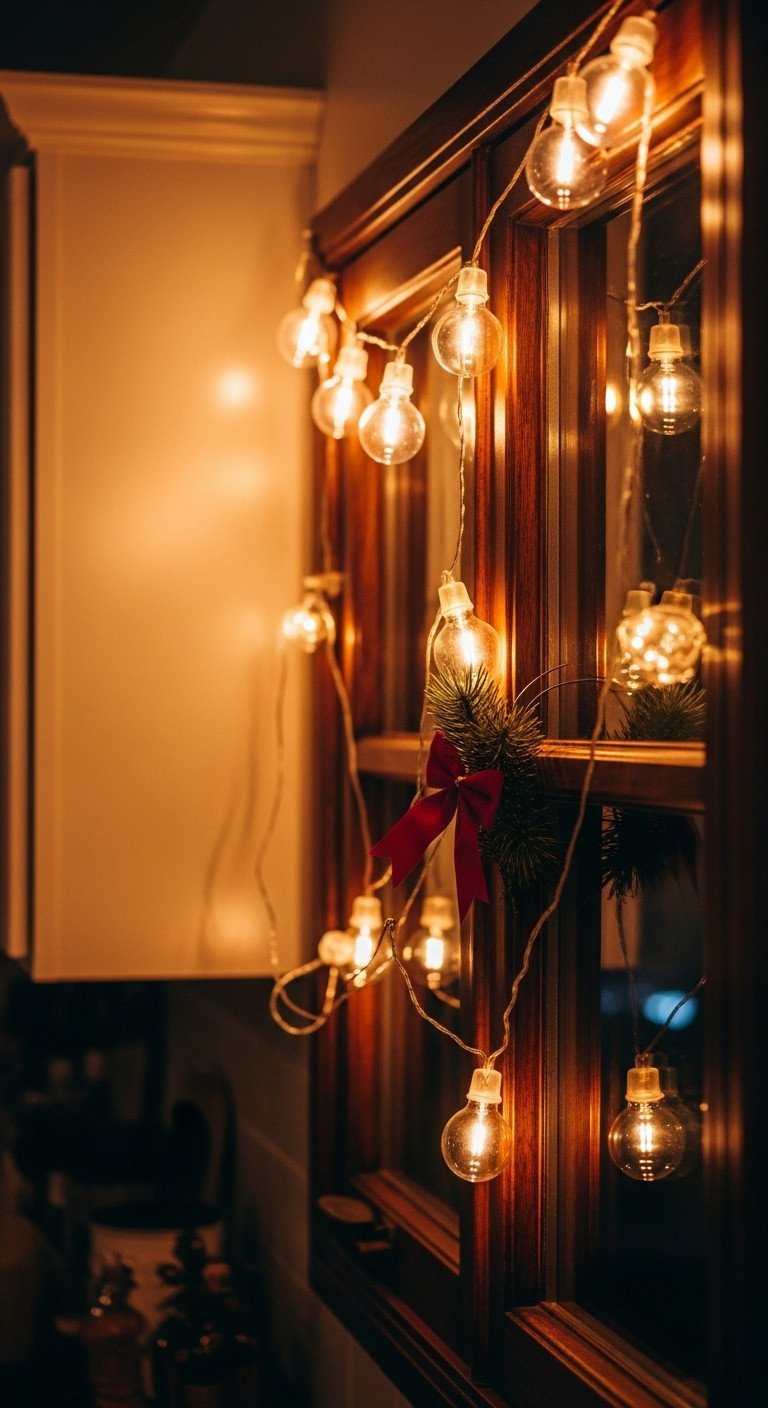 90S Christmas Kitchen Decor Avoid Tacky Maximize Nostalgia 9 Warm white LED string lights draped over a dark kitchen window frame, with a red bow and pine sprig, for Christmas.