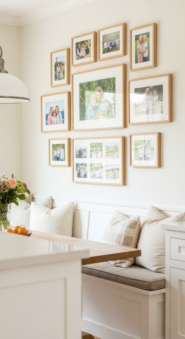 Welcoming kitchen breakfast nook with a gallery wall of family photos in matching light wood frames above a cozy bench.