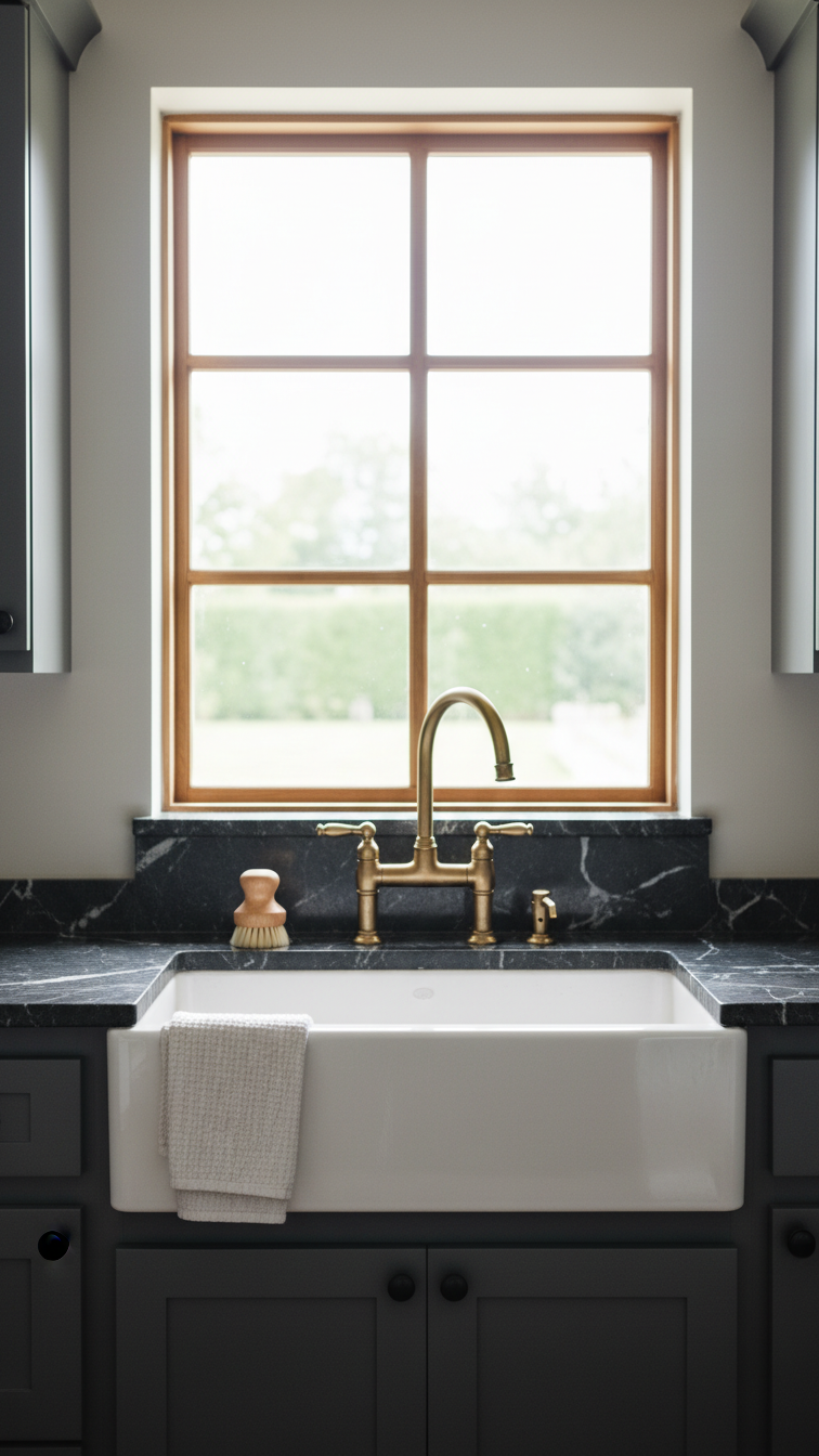 White apron front farmhouse sink, aged brass bridge faucet, dark cabinets, and marble countertop under a large window.
