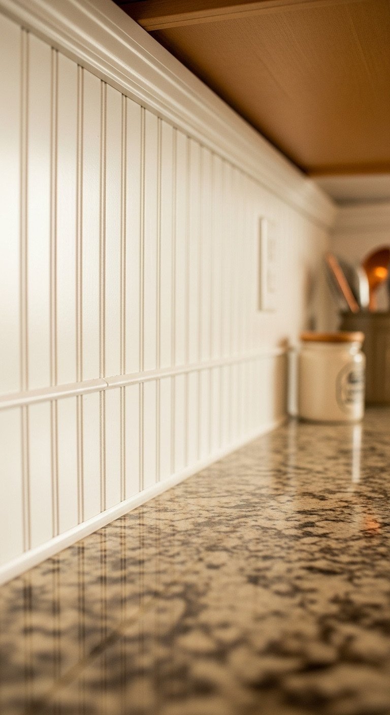 White beadboard backsplash meets textured granite countertop with perfect caulk line; includes ceramic jar, copper utensil.
