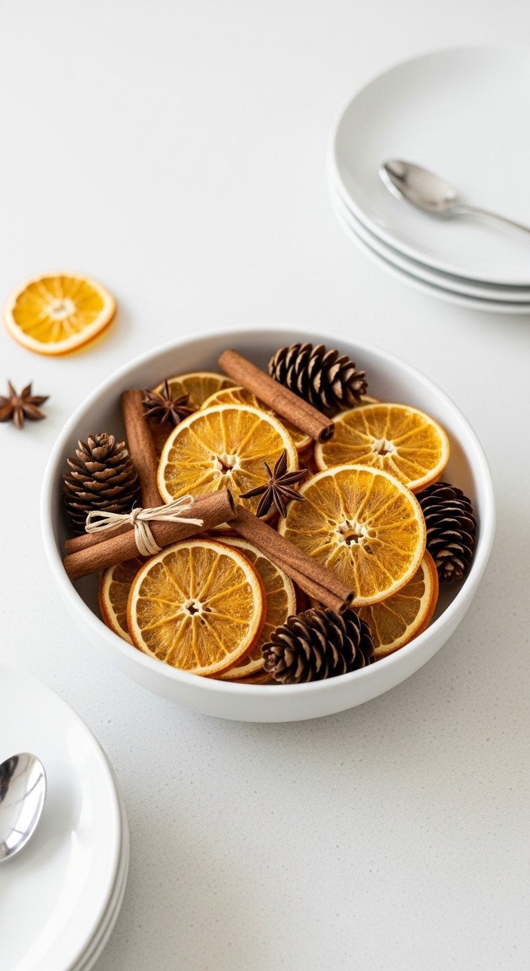 White ceramic bowl centerpiece with dried orange slices, cinnamon sticks, pine cones on neutral kitchen counter, holiday decor.