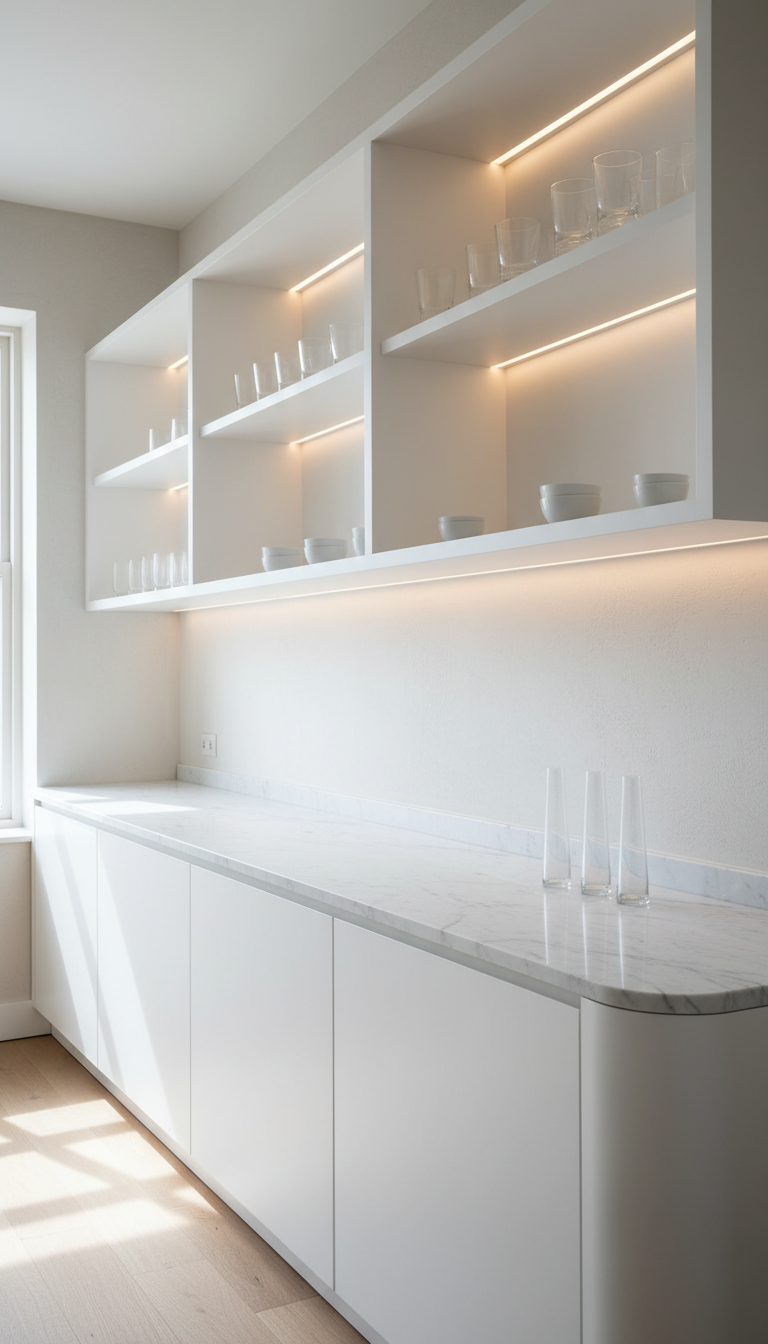 White concave wall cabinets with unique inward curve, integrated lighting, marble counter, modern kitchen storage.