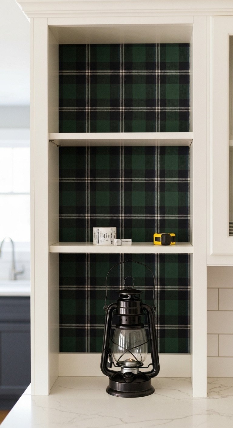 White farmhouse hutch interior featuring dark tartan plaid backdrop and a large antique lantern. Cozy kitchen styling with green and navy accents.