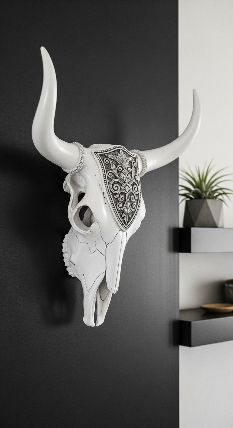 White faux longhorn skull with silver carved details mounted on a dark charcoal gray accent wall in a modern kitchen.
