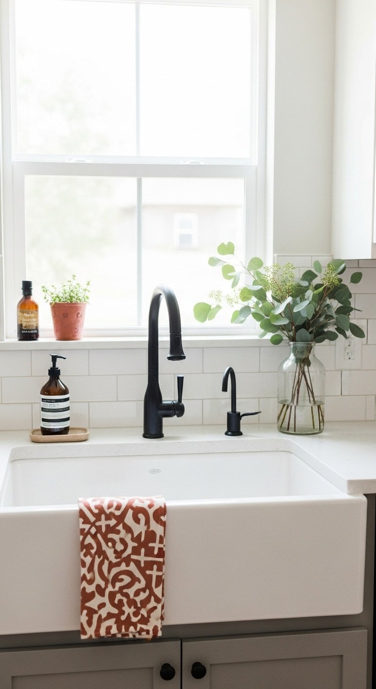 White fireclay apron-front farmhouse sink with a matte black gooseneck faucet set in a light quartz countertop.