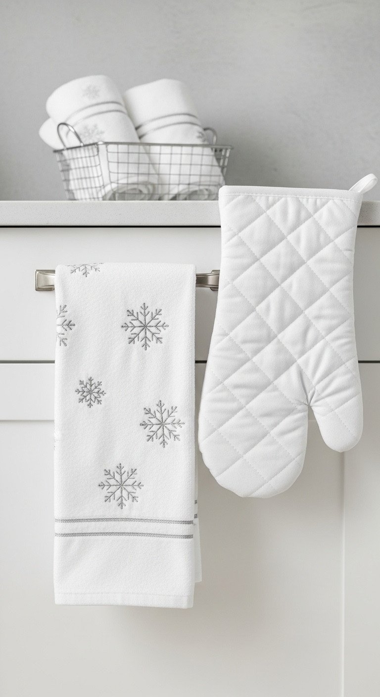 White kitchen towel with silver snowflake embroidery and oven mitt draped on a drawer pull, elegant festive kitchen decor.