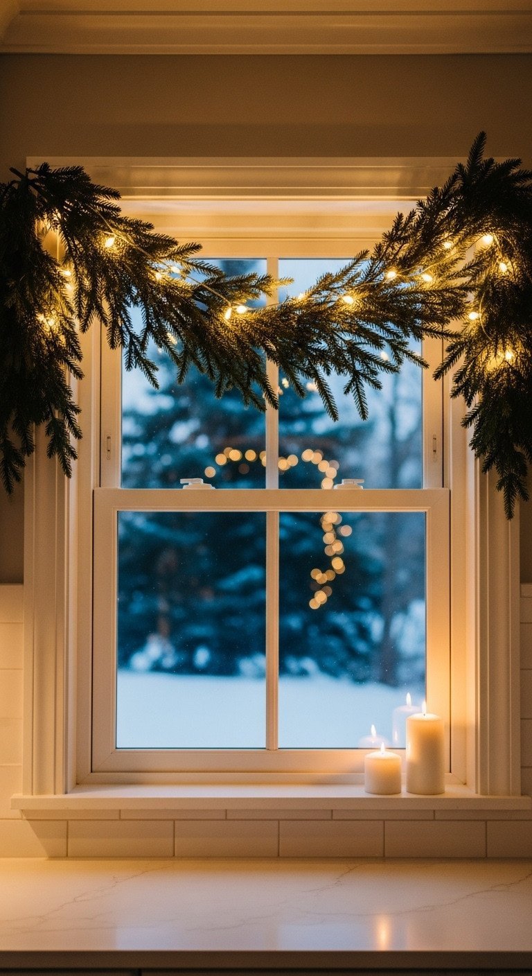 White kitchen window draped with a lush cedar garland and warm fairy lights, creating a cozy and magical Christmas ambiance.