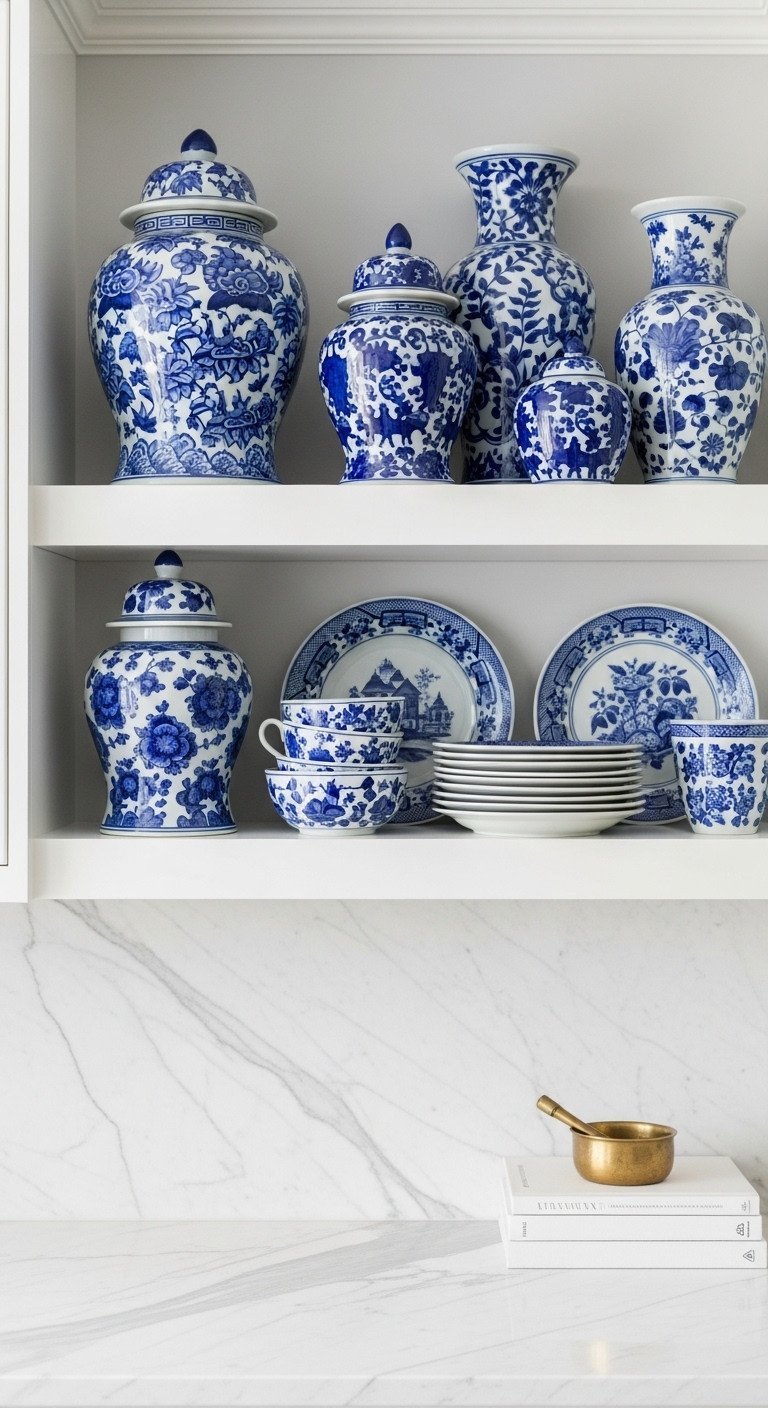 White open kitchen shelves styled with a collection of blue and white porcelain chinoiserie ginger jars, vases, and plates.