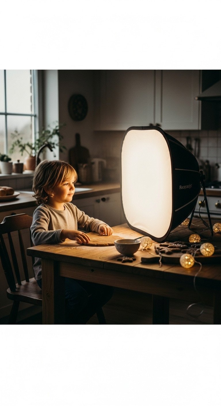 White photography reflector bounces natural window light onto child's face in dark kitchen, gingerbread dough, string lights.