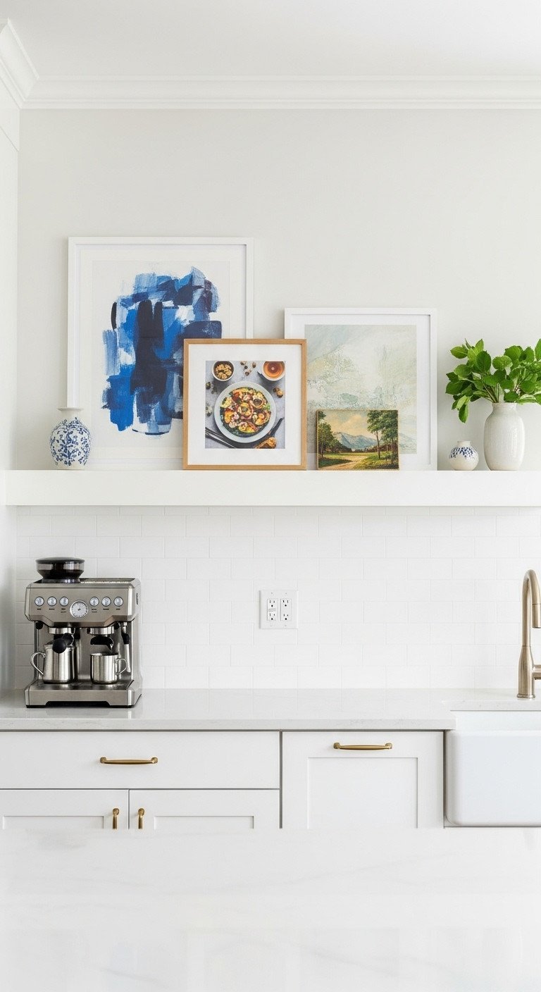 White picture ledge in a contemporary kitchen displaying layered art, including an abstract print and a small vintage painting.