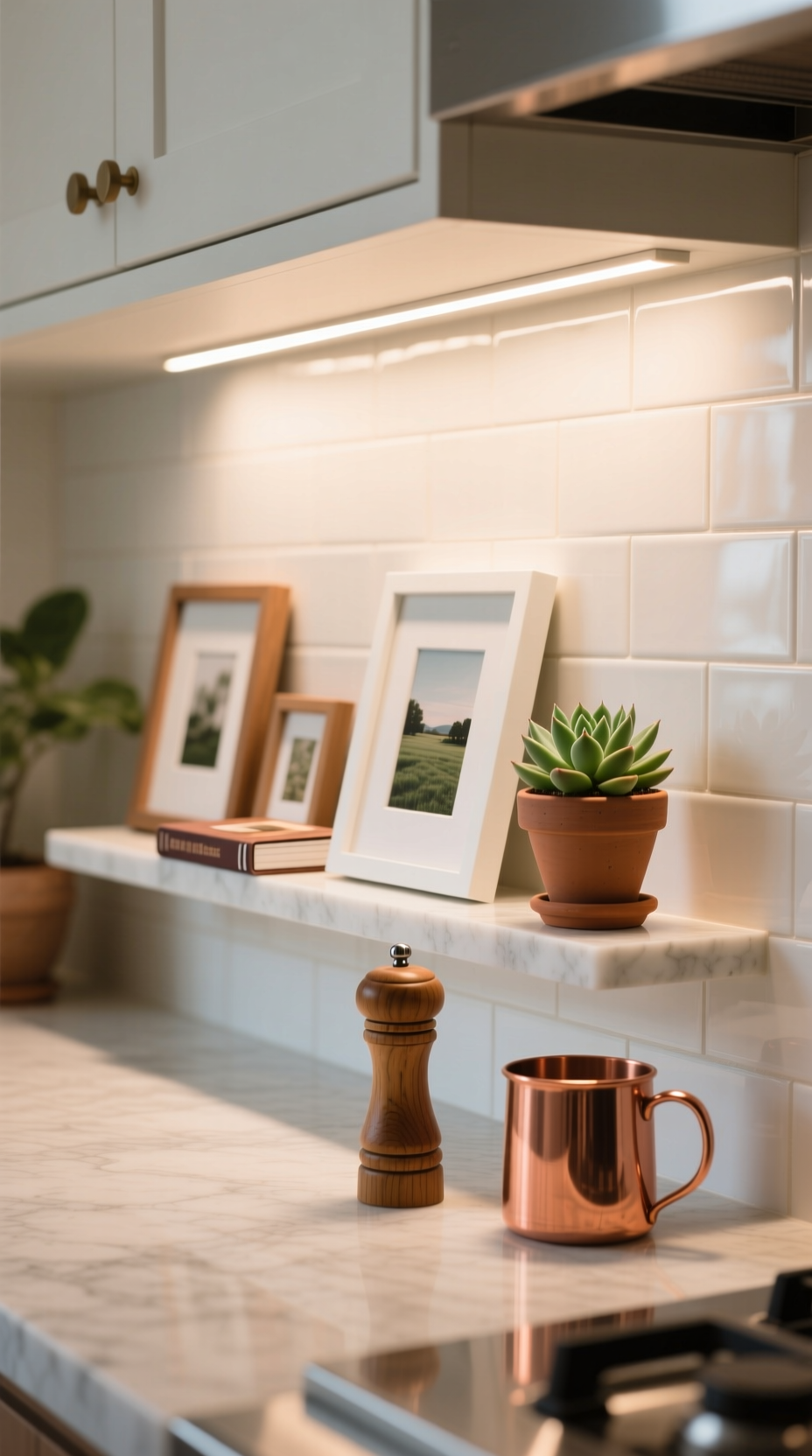 White picture ledge on a kitchen counter, styled with small framed art, a mini cookbook, and a succulent in a terracotta pot.
