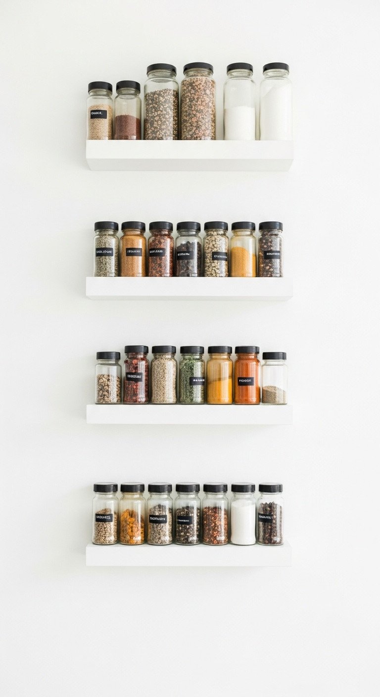 White picture ledges used as a minimalist wall-mounted spice rack, displaying organized rows of uniform glass spice jars.