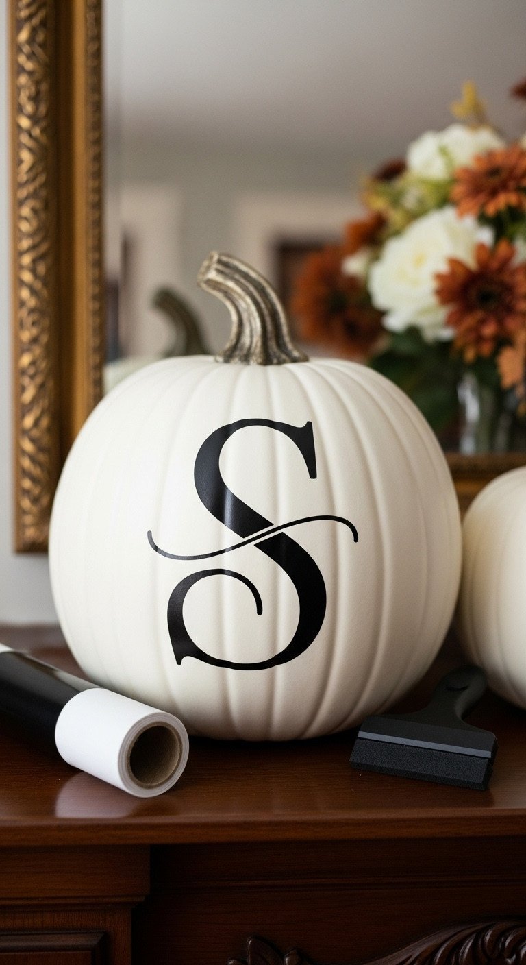 White pumpkin with elegant matte black vinyl monogram 'S', sophisticated fall decor on dark wood mantel.