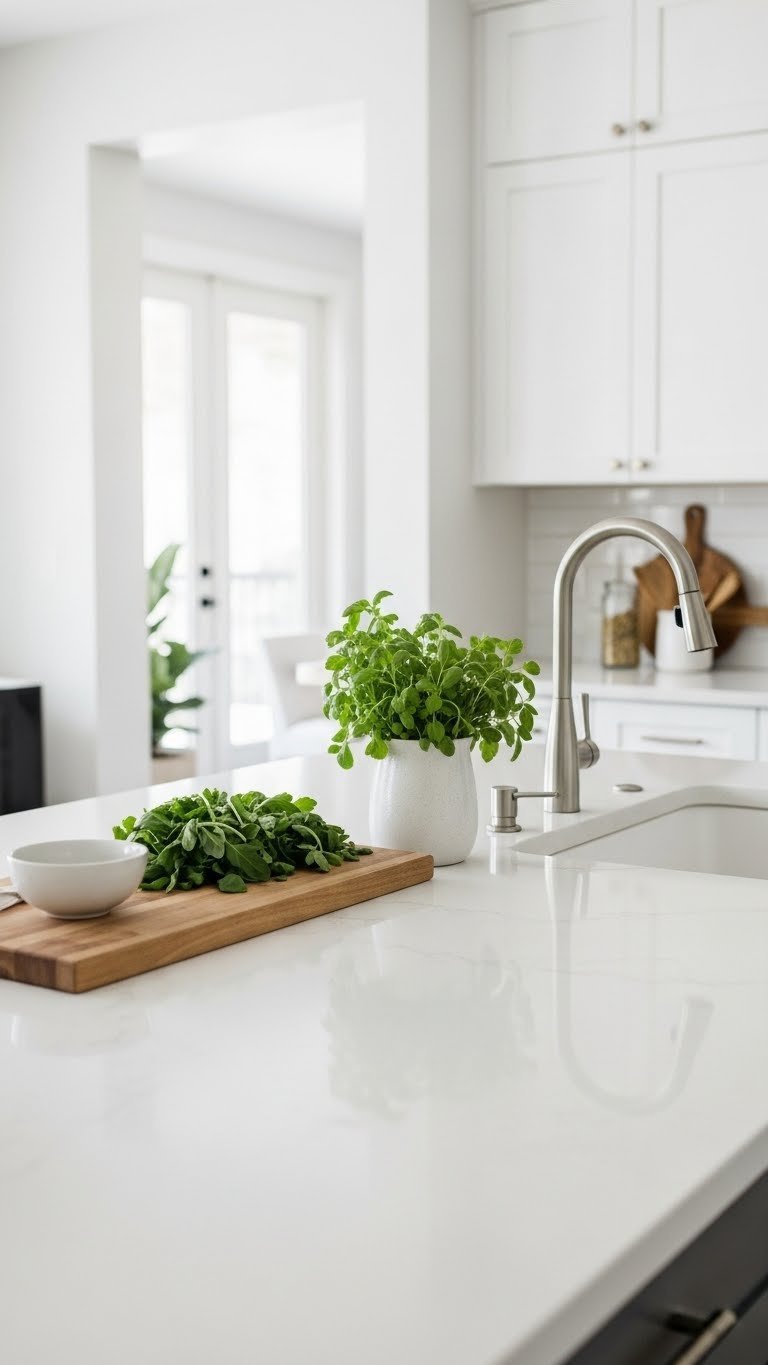 White quartz kitchen island for food prep, modern minimalist design. Bright, clean aesthetic with fresh herbs, ideal for high-end lifestyle.