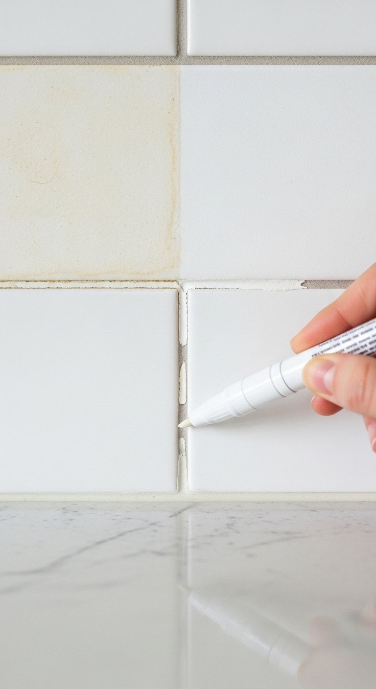 7 Genius Ways To Decorate Your Old Kitchen On A Budget 11 White subway tile backsplash with old yellowed grout lines refreshed with a white grout pen, showing before-and-after contrast.