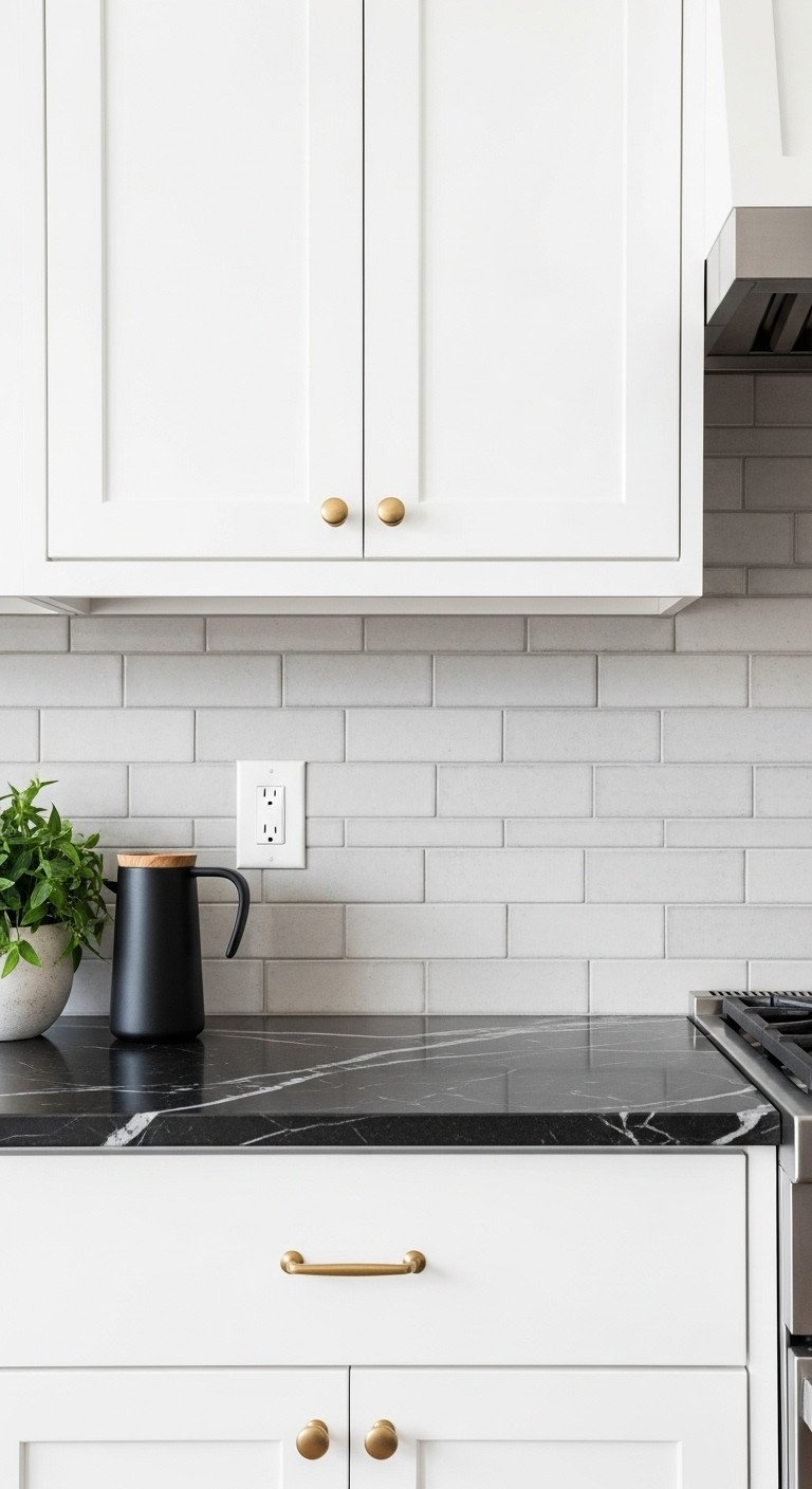 11 Brick Backsplash Ideas And The Essential Sealing Guide 19 White thin brick backsplash in an elegant herringbone pattern on a marble countertop, featuring kitchen canisters and olive oil.