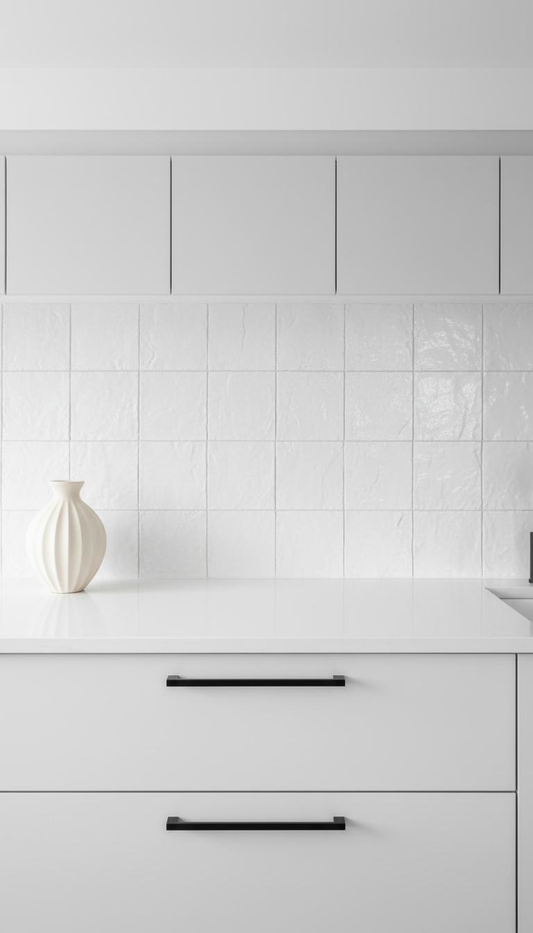 White zellige tile backsplash (4x4) with black hardware, white quartz countertops, and a ceramic vase in a minimalist kitchen.