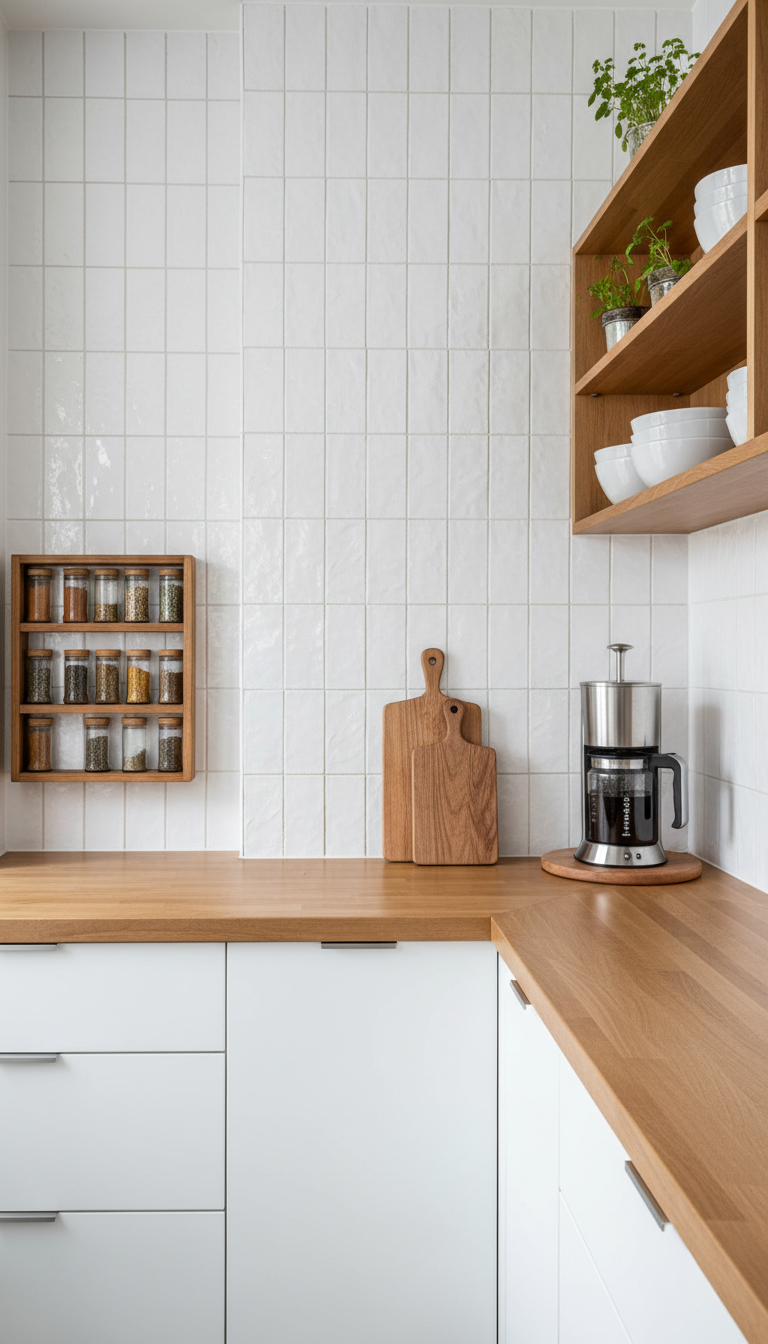 White zellige tile backsplash in a small galley kitchen with space-saving design, spice rack, and countertop appliance.