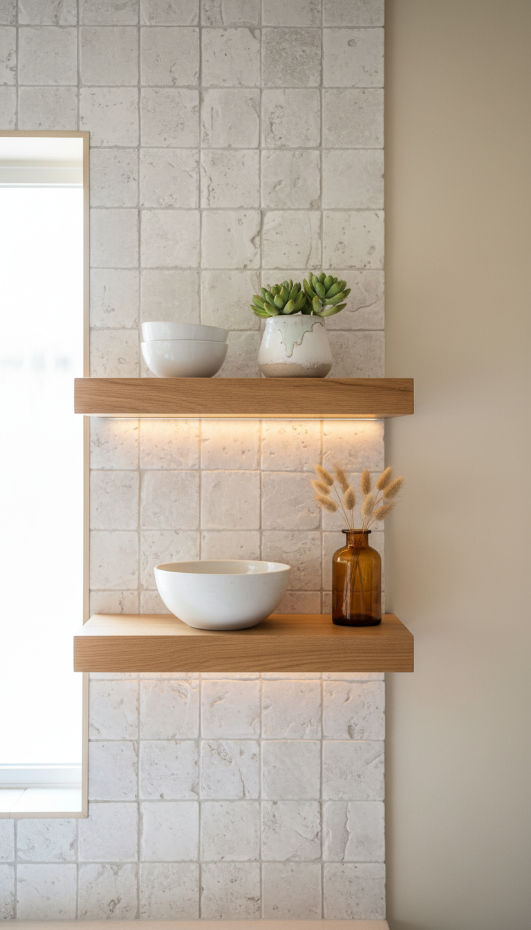 White zellige tile backsplash with thick natural wood open shelving, succulents, and ceramic bowls in a modern-rustic kitchen.