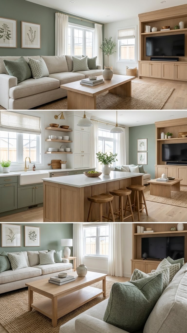 Wide open plan kitchen living room. Sage green, white & wood palette unifies cabinetry, pillows, wall decor. Light oak floor, modern design.